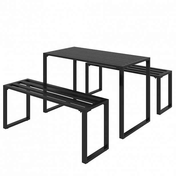 Modfu ZAHRADNÍ sedací souprava z kovu 110x55x70 cm černá se stolem a 2 lavicemi pro 4 osoby