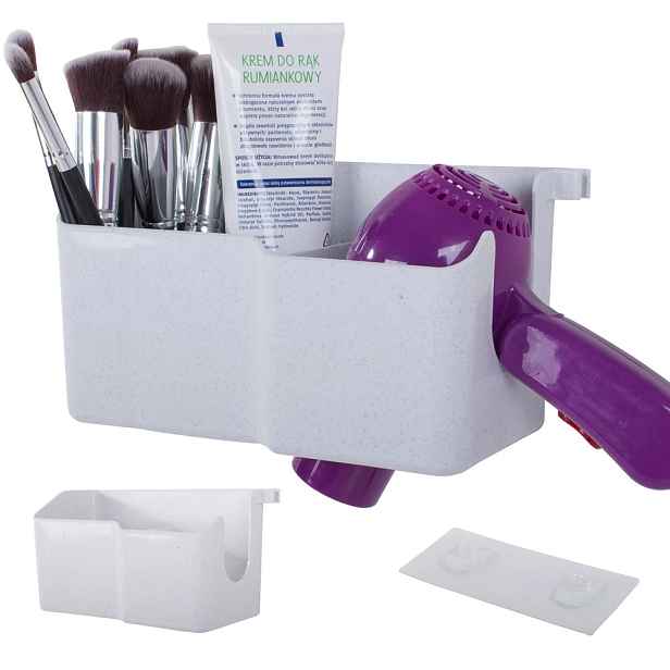 VERK GROUP Nástěnný držák na fén s organizérem se 3 přihrádkami a háčky, bílý