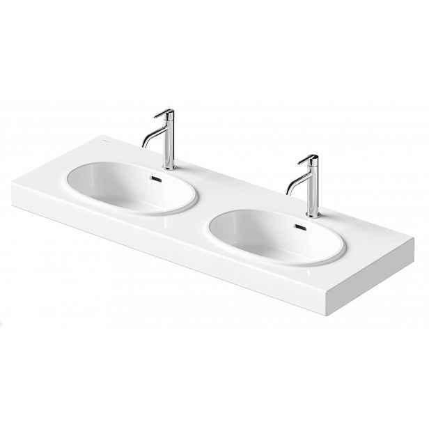Duravit Balcoon - Dvojumyvadlo 130x48 cm, s přepadem, 2 otvory pro baterii, s výpustí, DuraShield, matná bílá 241213AC00