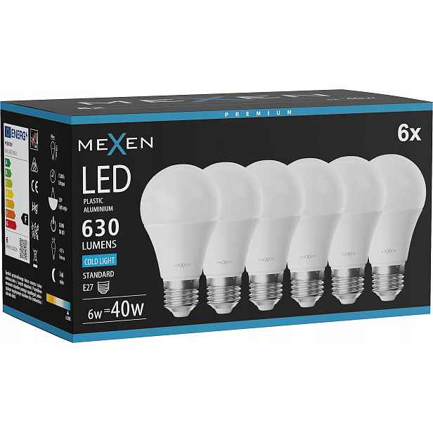Mexen Nova 6x Led Žárovka E27 A60 6W Studená Bílá 6500K 630 LM