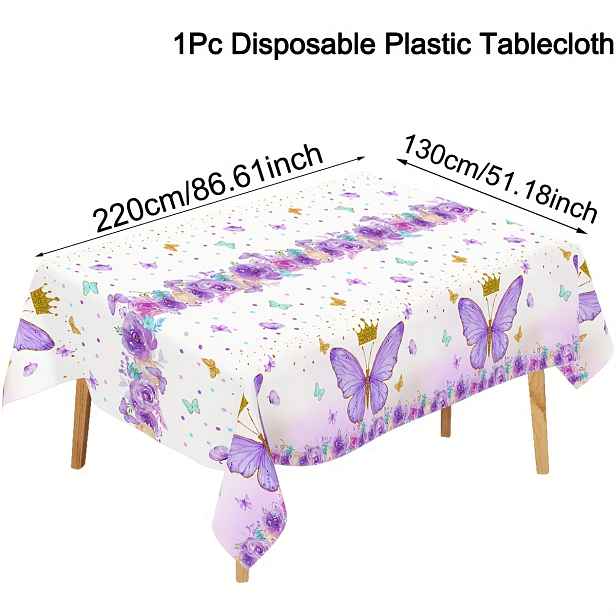 TEMU Fialový ubrus s motýly 220X130 cm, plastový ubrus s motýlů a květin, ideální pro narozeninovou oslavu, svatební sprchu, svatební dekorace,