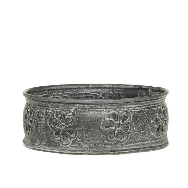 Zinkový antik kovový svícen s květy na válcovou svíčku - Ø 15,5*6 cm Chic Antique