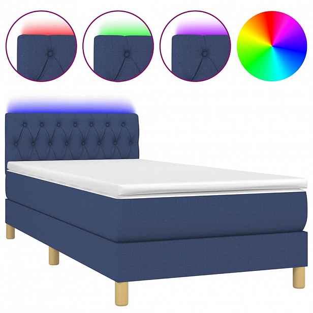 vidaXL Box spring postel s matrací a LED modrá 90x190 cm textil