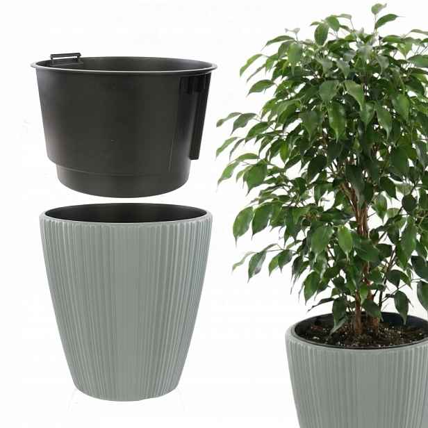 Květináč kulatý Ø 47 cm, pruhy, rýhovaná šedá barva černá náplň