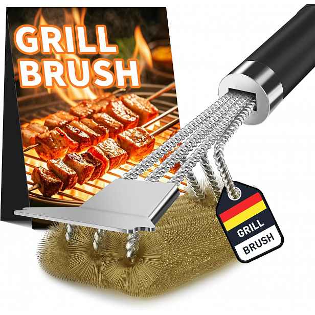 Mosazný Kartáč Na Čištění Grilu S Škrabkou 3V1 Dlouhá Rukojeť