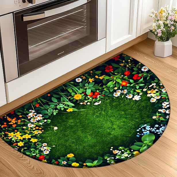 TEMU [Produkt] [Fleece a 1 cm silný houbový materiál] Zábavná půlkruhová rohožka | Věnčí Zelený trávníkový Tisknutá půlkruhová rohožka, Vhodná do