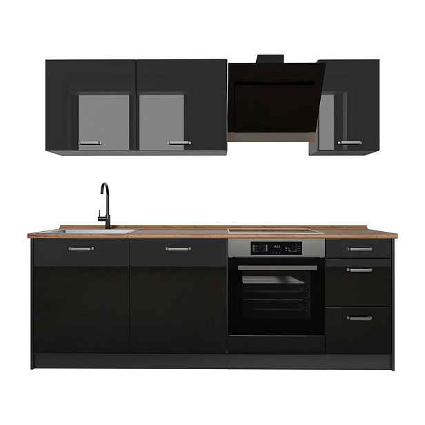 Vicco KUCHYŇSKÝ KOUT R-Line, Černý vysoký lesk/Antracit, 220 cm pracovná doska Dub Goldkraft