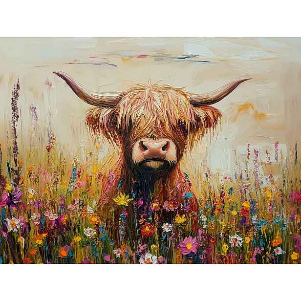 Plakát Skotská Kráva Highland Louka Květiny Jaro 100x75