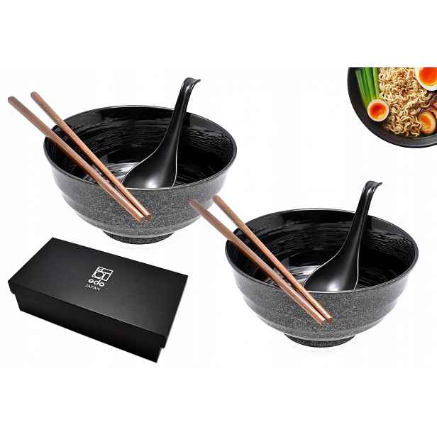 Sada 2 misek s lžícemi a paličkami Udon Rasen Kuroi 17 cm Box