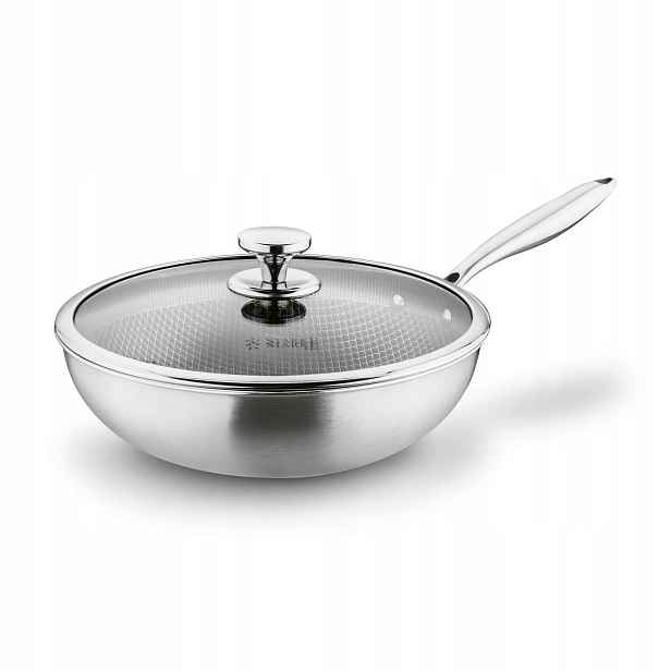Nerezová wok pánev se skleněnou poklicí, stříbrná, 30 cm