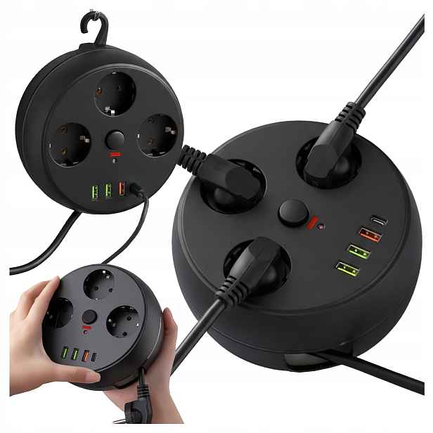 Prodlužovací Kabel nástěnný 7v1 3x zásuvka 3x Usb-a Usb-c, navíjecí kabel 2 m 200 cm