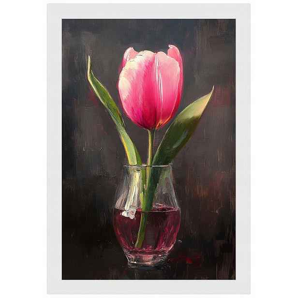 Plakát Rámeček Dřevo Olej Dekorace Příroda Květ Růžový Tulipán 40x60