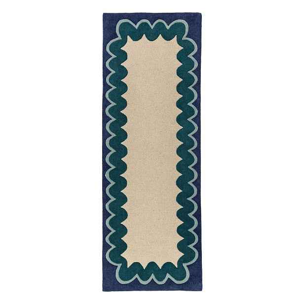 Ručně tkaný vlněný běhoun v přírodní barvě/zelenomodrý 80x230 cm Wiggle Wool – Flair Rugs