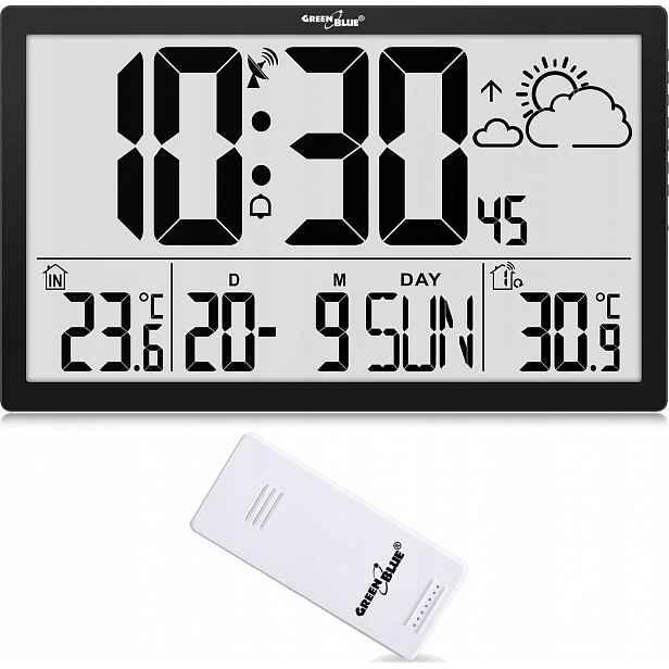 Meteorologická stanice Greenblue Velké Nástěnné Hodiny LCD GB218