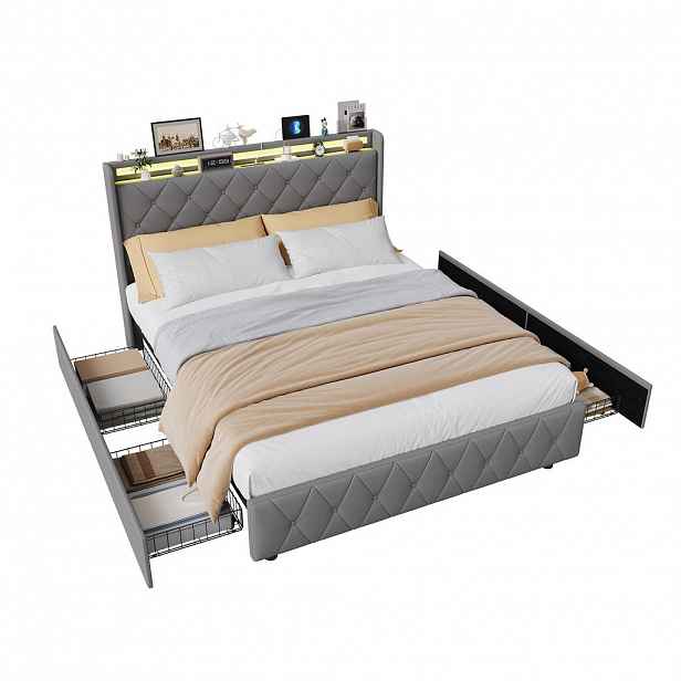 EuroLiving ČALOUNĚNÁ postel 160x200 cm se 4 zásuvkami, LED, USB a Type-C, čelo pro manželskou postel a lamelový rošt, šedá