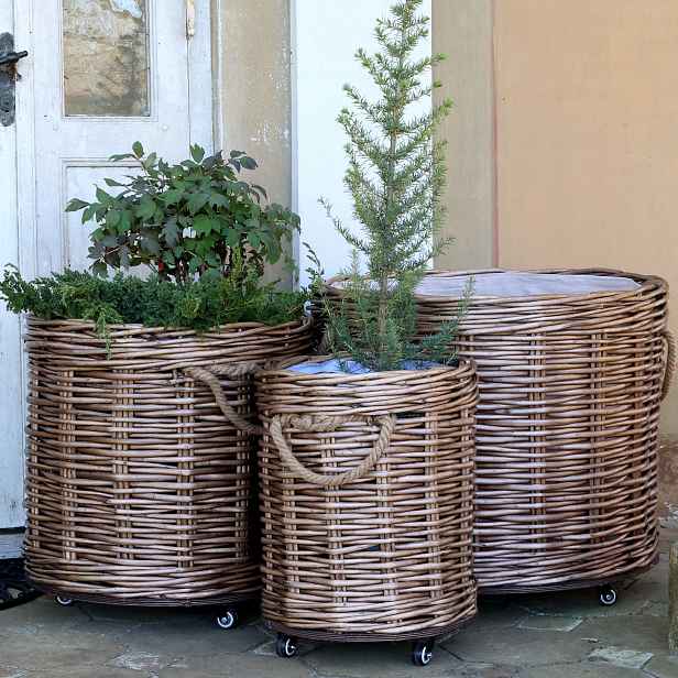 Sada 3ks hnědých košů French Basket Nature s kolečky – Ø 70*60/ Ø 54*50/ Ø 40*45 cm Chic Antique