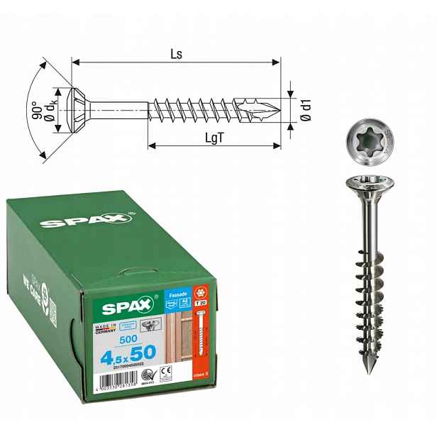 Šroub do fasádní desky, ocel A2 Spax 4,5 x 50 mm 500 ks