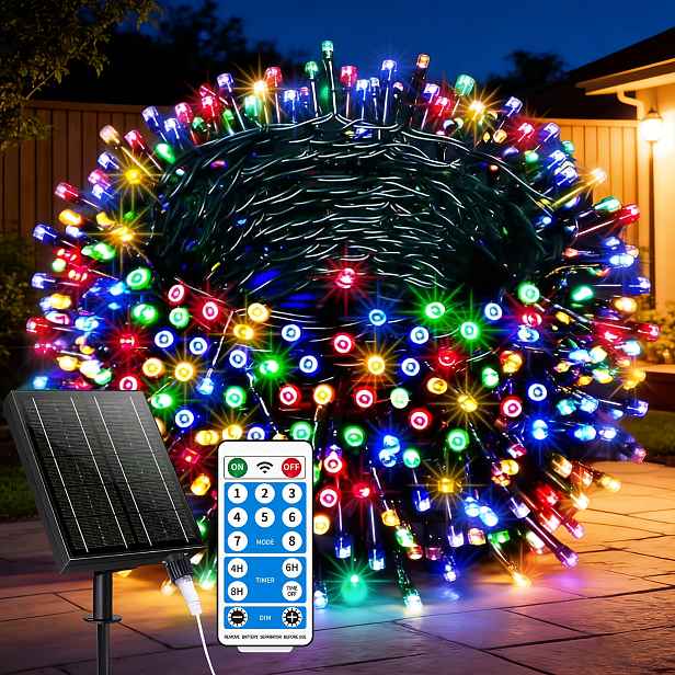 TEMU Venkovní solární řetězová světla 320 LED 106 stop 2600MA extra dlouhý řetěz pohádkových světel stmívatelný s 8 světelnými režimy s venkovními