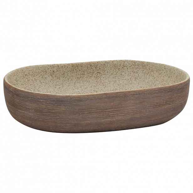vidaXL Umyvadlo na desku pískové a hnědé oválné 59x40x14 cm keramika