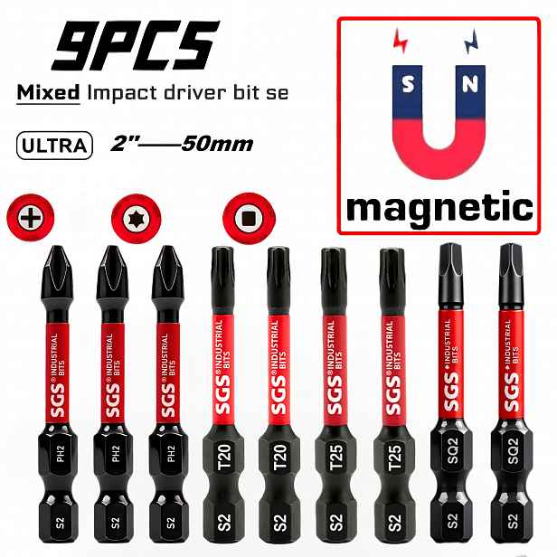 TEMU Sada 9 bitů z legované oceli S2 s vysokou tvrdostí s prodlouženými tyčemi, kompletní specifikace bitů Phillips/Hex/Square, magnetický