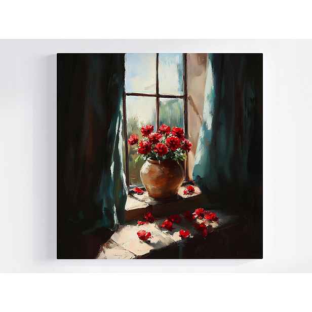 Obraz Na Plátně Canvas Červené Květiny V Okně Váza Růže Vintage 50x50