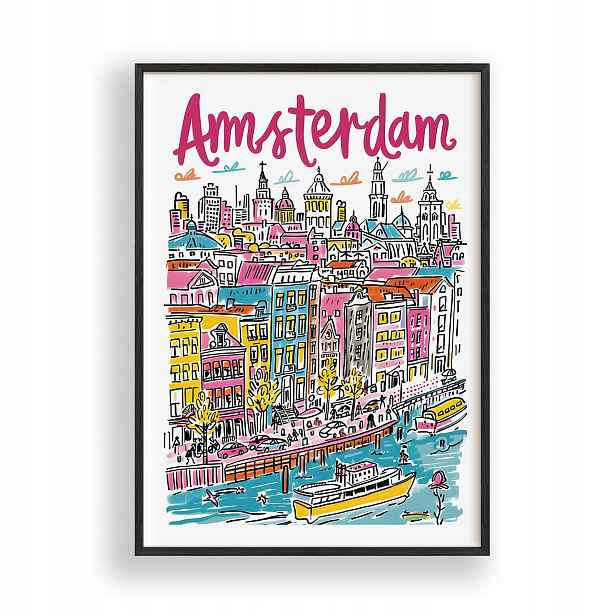 Nástěnná Nástěnná Dekorace Plakát s obrázkem Amsterdamu, dřevěný Rámeček černá 30x42 cm