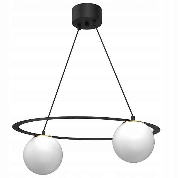 Závěsná lampa černá zlatá kulatá 2 skleněné bílé koule do obývacího pokoje Luminex