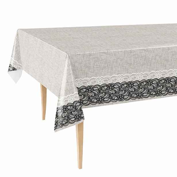 Cerata Tlustý Ubrus 140x450 Skvrnitý Béžový Len Černá Krajka Pruhy