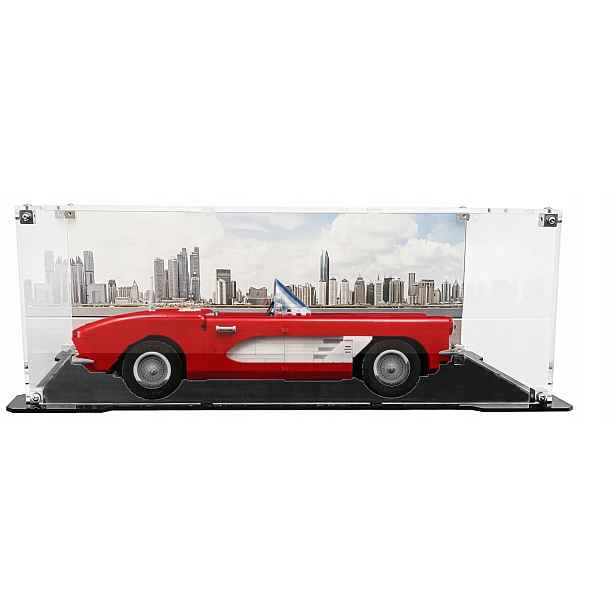 Vitrína s černou základnou a pozadím Drewlandia pro stavebnici Lego 10321 Corvette