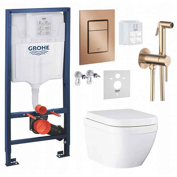 Wc stojan Grohe s Wc mísou Euro Ceramic Grohe a tlačítkem měď baterie
