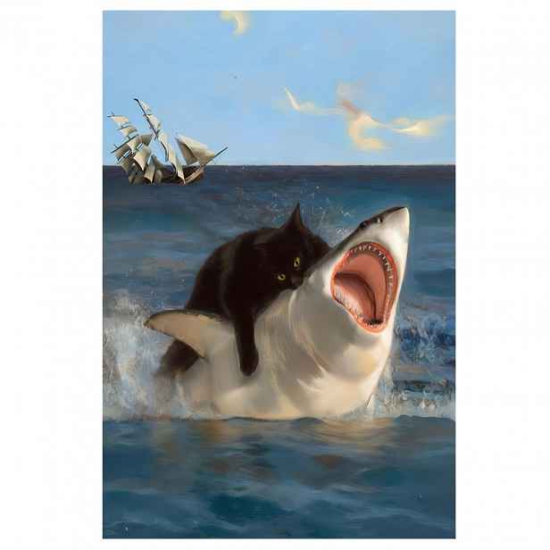 TEMU 2D Ploché, [2D Ploché] Bezrámové Plátno Nástěnné Umění - Humorný Plakát Kočičí Žralok v Oceánu, 30,48x45,72 cm, Pro Vnitřní/Venkovní Použití,