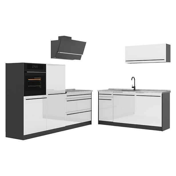 Vicco KUCHYŇSKÝ KOUT R-Line, Bílá vysoký lesk/Antracit, 220 cm pracovná doska Mramor