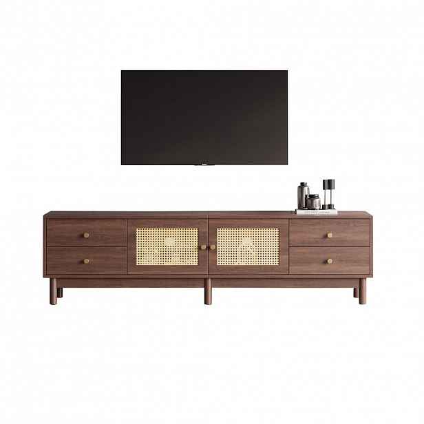 Modfu TV stolek z dřevotřísky 180x35x44 cm hnědý se 4 zásuvkami, 2 ratanovými dvířky a vedením kabelů