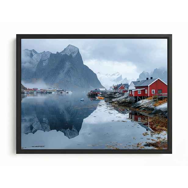 Obraz Rám Americký Box Norsko Lofoty Červené Domky Fiord Rorbu 80x60