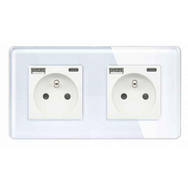 eLumos Kontakt Elektrická Zásuvka Dvojitá s Usb A+c Skleněný Rámeček 2.5D Bílá
