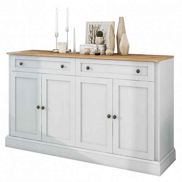 OKWISH BOČNÍ skříň 150/40/86 cm bílá a přírodní dřevo z dřevotřísky a MDF s úložným prostorem