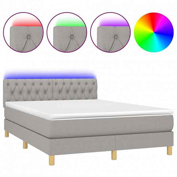 vidaXL Box spring postel s matrací a LED světle šedá 140x200 cm textil
