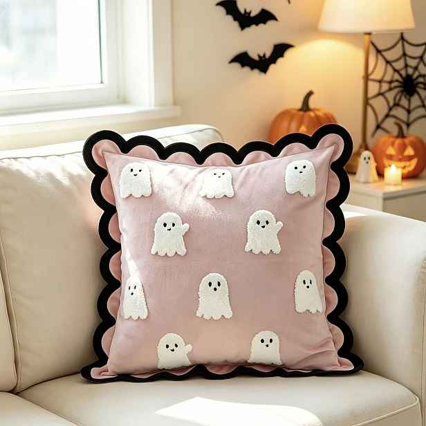 TEMU Halloweenský růžový polštářový povlak s vroubkovanou krajkou a roztomilým 3D výšivkou, 1 ks, vhodný do různých prostředí, jako jsou ložnice,