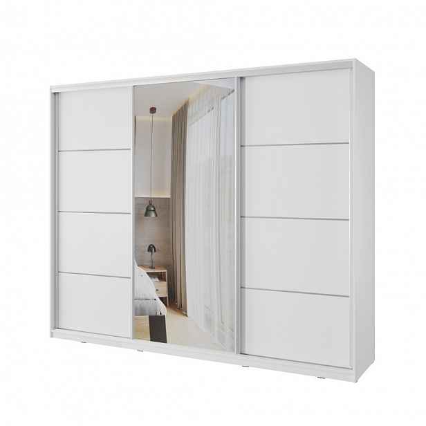 Šatní skříň NEJBY BARNABA 280 cm  s posuvnými dveřmi, zrcadlem, 4 šuplíky a 2 šatními tyčemi, bílá