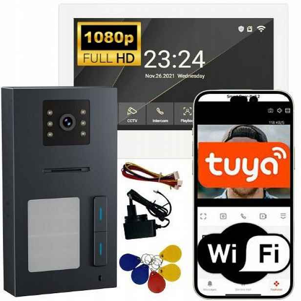 Videodomofon 2-vodičový WiFi 7" Tuya 1080p IP65 dvourodinný Rfid