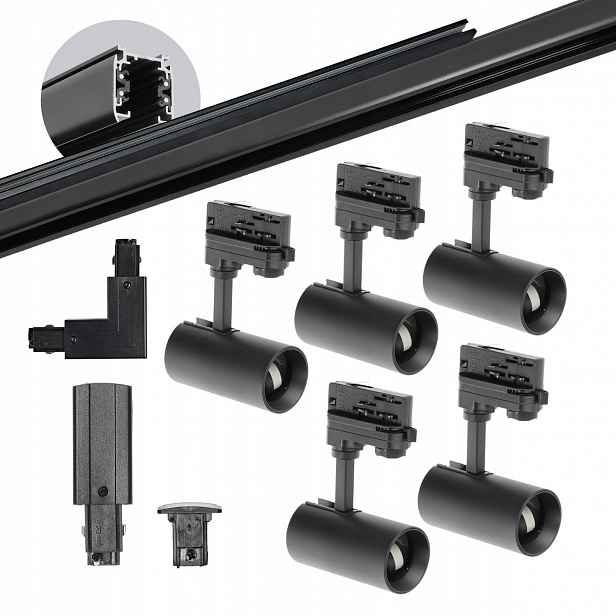 3-fázový kolejnicový set 5xLampa GU10 kolejnice 1 m kolejnice 2 m spojka L Černá