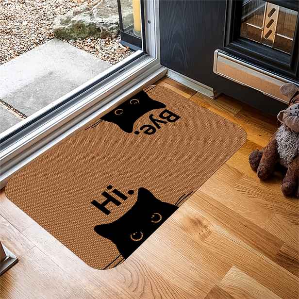 TEMU 1ks Podlahová rohož s textem „Ahoj“ a „Čau“, rohož s kočičím designem - Roztomilá černá kočičí tvář, vnitřní/venkovní podlahová rohož, do