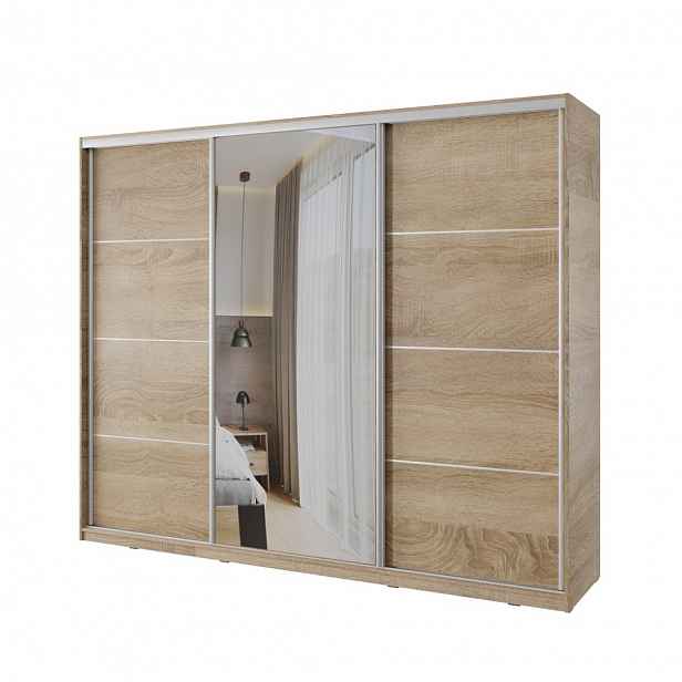 Šatní skříň NEJBY BARNABA 280 cm  s posuvnými dveřmi,zrcadlem,4 šuplíky, 2 šatními tyčemi,dub sonoma