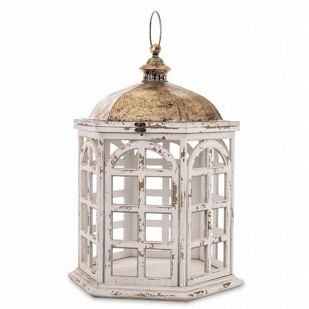 Lampion Bílý Zlatý Kovový Dřevěný Dekorativní Lucerna Retro svícen
