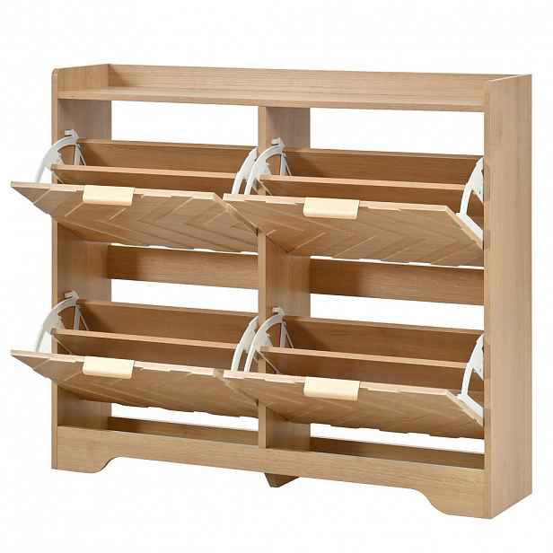Modfu BOTNÍK z MDF 105x24x90 cm přírodní se 4 výklopnými přihrádkami a horní odkládací plochou, 3D čelo