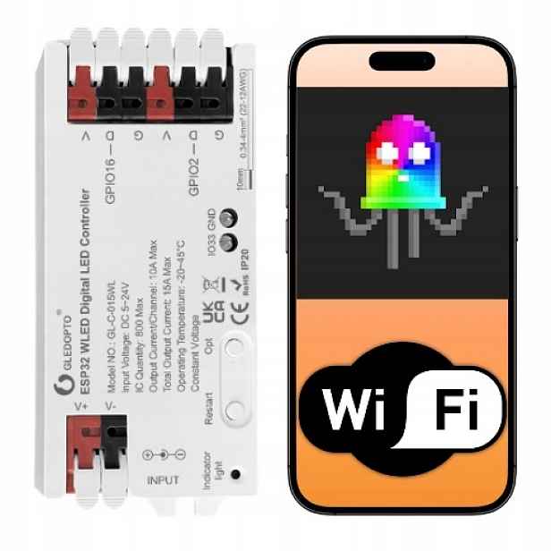 Ovladač ESP32 Led WiFi pro pásky WS281X Rgbic 5-24V 15A aplikace Wled