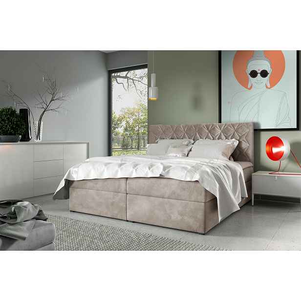 Postel boxspring s prošívaným čelem EUGENA - 120x200, béžová + topper ZDARMA