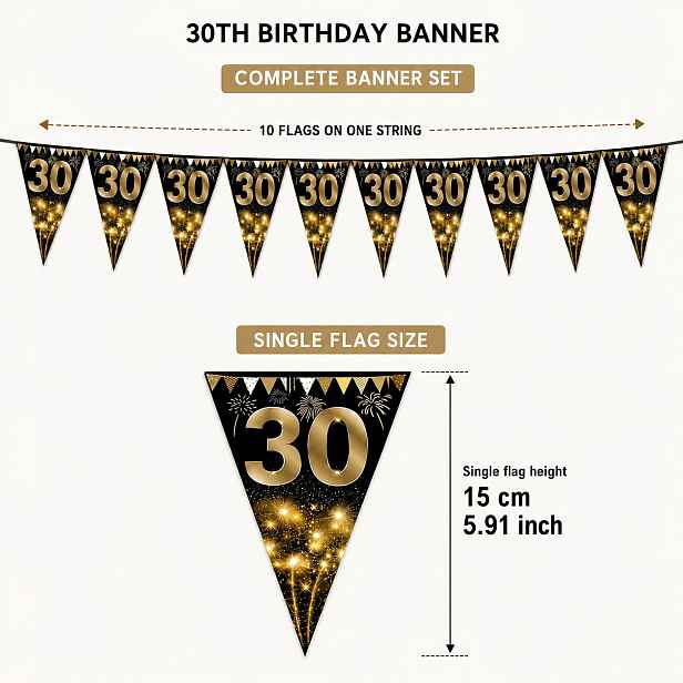 TEMU 1 Sada Černých a Zlatých Trojúhelníkových Bannerů k 30. Narozeninám, Hvězdné Ohňostroje 30 Let Party Trojúhelníkové String Bannery, Dvacátý