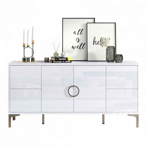 Modfu KOMODA z MDF 150x38x59,5 cm bílá se 4 zásuvkami, 2 dvířky a vysokým leskem