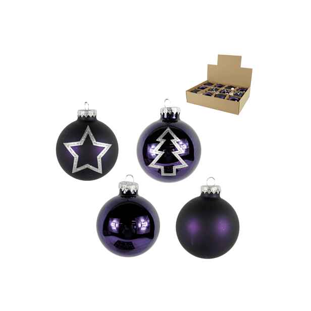 Sada 12 ks vánočních ozdob PURPLE JOY skleněné 7,5 cm, fialové
